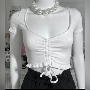 Zara 95% Cotton Blend ribbed ruched detailed crop top in white color Size Small